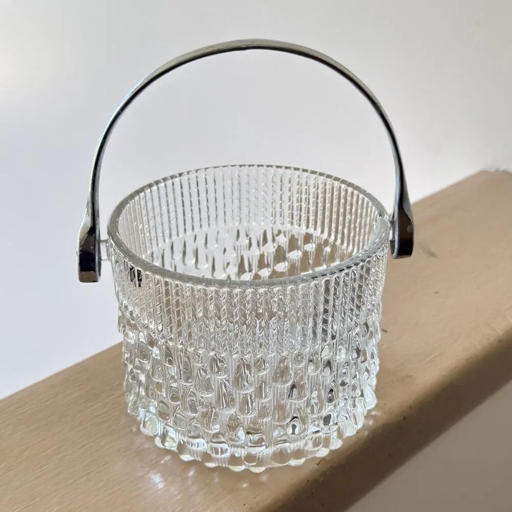 Vintage Teleflora Clear Glass Ice Bucket with Chrome Handle Made in France